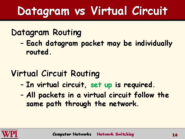 Datagram vs Virtual Circuit Datagram Routing – Each datagram packet may be individually routed.