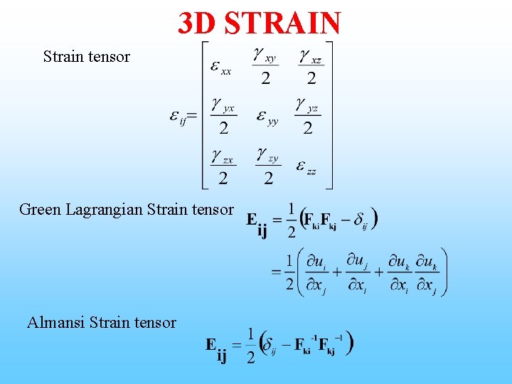 3 D STRAIN Strain tensor Green Lagrangian Strain tensor Almansi Strain tensor 