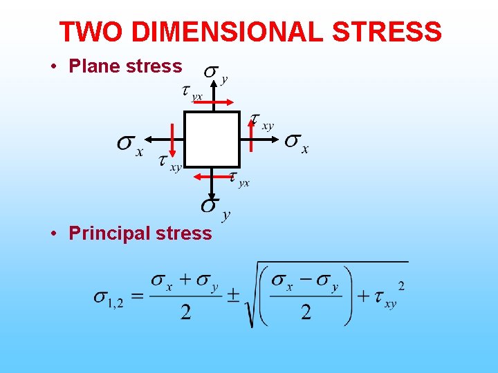 TWO DIMENSIONAL STRESS • Plane stress • Principal stress 