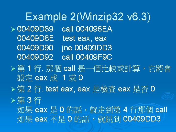 Example 2(Winzip 32 v 6. 3) Ø 00409 D 89 call 004096 EA 00409