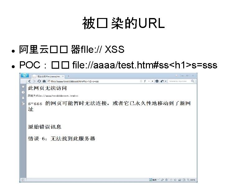 被� 染的URL 阿里云�� 器f. Ile: // XSS POC：�� file: //aaaa/test. htm#ss<h 1>s=sss 