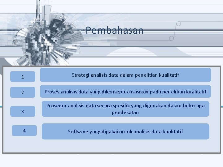 Pembahasan 1 Strategi analisis data dalam penelitian kualitatif 2 Proses analisis data yang dikonseptualisasikan Pembahasan 1 Strategi analisis data dalam penelitian kualitatif 2 Proses analisis data yang dikonseptualisasikan