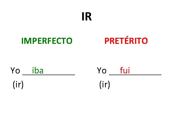 IR IMPERFECTO Yo ______ iba (ir) PRETÉRITO Yo ______ fui (ir) 