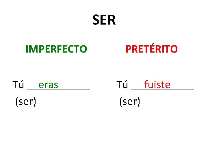 SER IMPERFECTO Tú ______ eras (ser) PRETÉRITO Tú ______ fuiste (ser) 