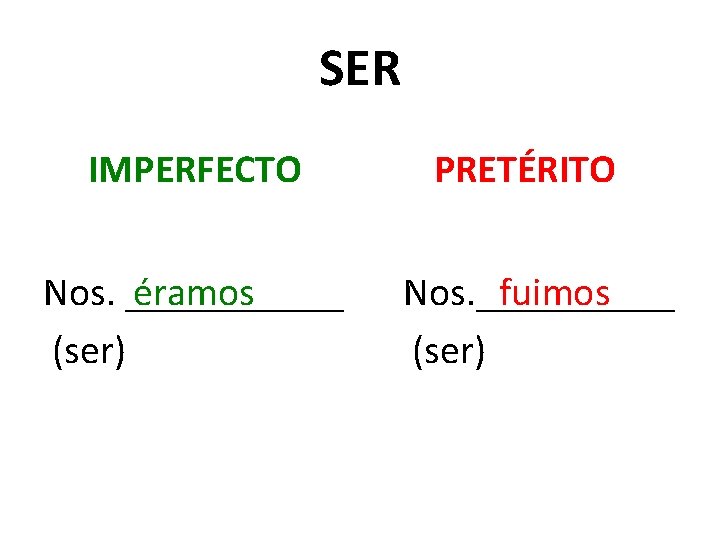 SER IMPERFECTO Nos. ______ éramos (ser) PRETÉRITO Nos. _____ fuimos (ser) 