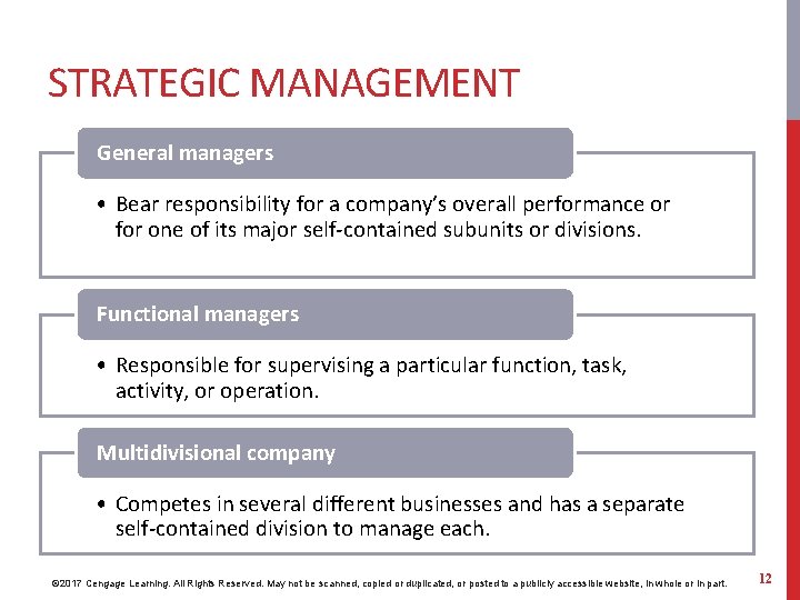 STRATEGIC MANAGEMENT General managers • Bear responsibility for a company’s overall performance or for