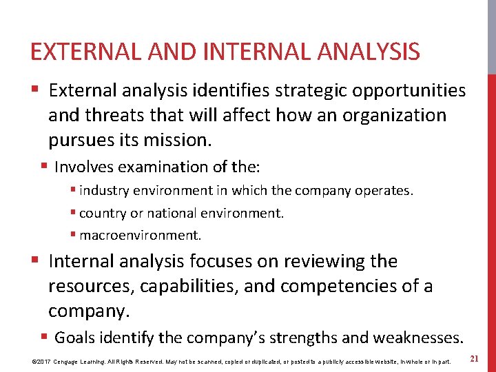 EXTERNAL AND INTERNAL ANALYSIS § External analysis identifies strategic opportunities and threats that will