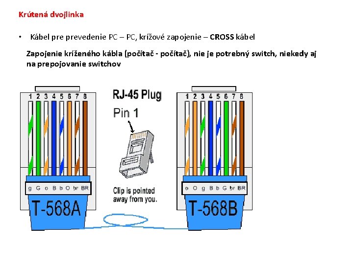 Krútená dvojlinka • Kábel prevedenie PC – PC, krížové zapojenie – CROSS kábel Zapojenie