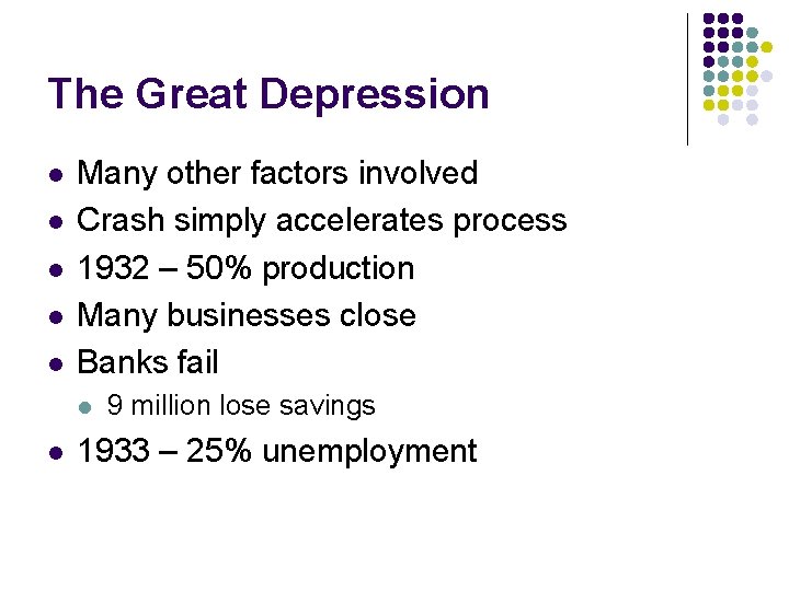 The Great Depression l l l Many other factors involved Crash simply accelerates process The Great Depression l l l Many other factors involved Crash simply accelerates process