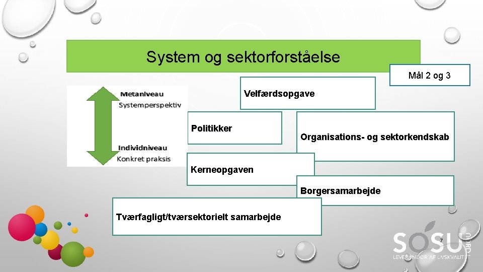 System og sektorforståelse Mål 2 og 3 Velfærdsopgave Politikker Organisations- og sektorkendskab Kerneopgaven Borgersamarbejde