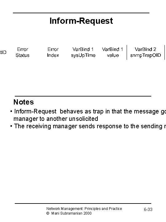 Inform-Request Notes • Inform-Request behaves as trap in that the message go manager to