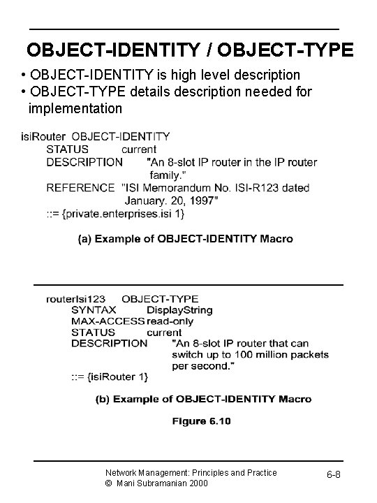 OBJECT-IDENTITY / OBJECT-TYPE • OBJECT-IDENTITY is high level description • OBJECT-TYPE details description needed