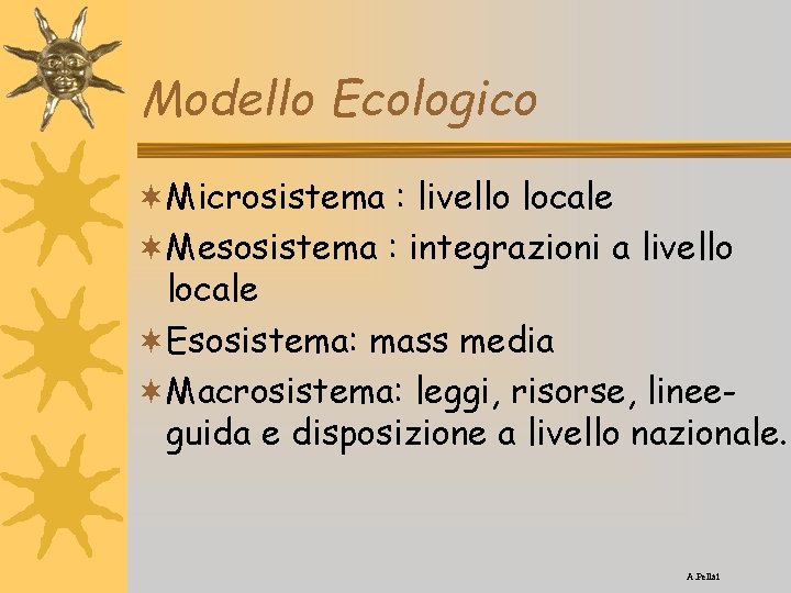 Modello Ecologico ¬Microsistema : livello locale ¬Mesosistema : integrazioni a livello locale ¬Esosistema: mass