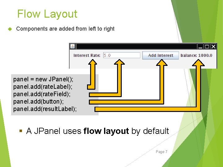 Flow Layout Components are added from left to right panel = new JPanel(); panel. Flow Layout Components are added from left to right panel = new JPanel(); panel.