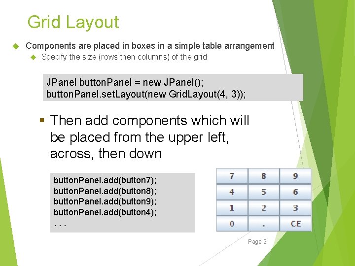 Grid Layout Components are placed in boxes in a simple table arrangement Specify the Grid Layout Components are placed in boxes in a simple table arrangement Specify the