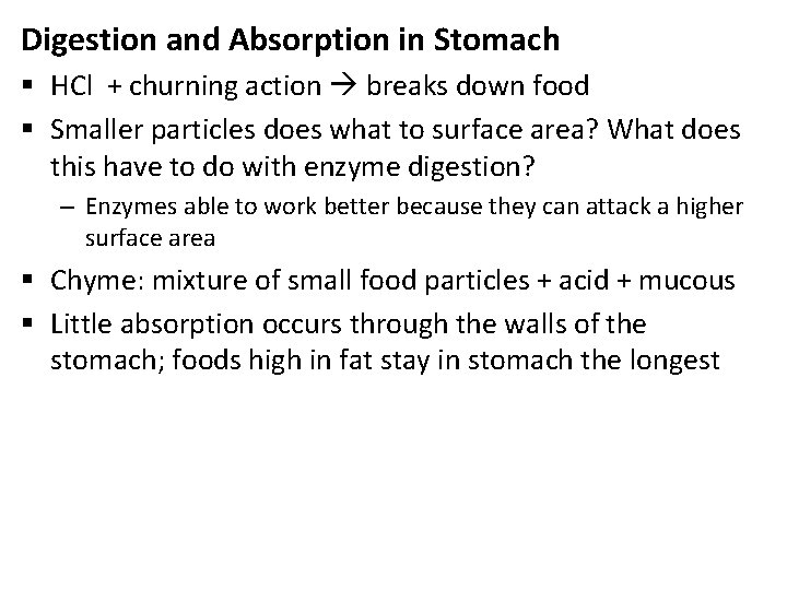 Digestion and Absorption in Stomach § HCl + churning action breaks down food §