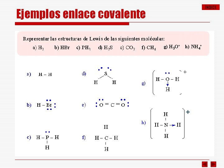 ÍNDICE Ejemplos enlace covalente g) H 3 O+ h) NH 4+ g) + h)