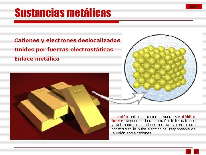 Sustancias metálicas ÍNDICE Cationes y electrones deslocalizados Unidos por fuerzas electrostáticas Enlace metálico La