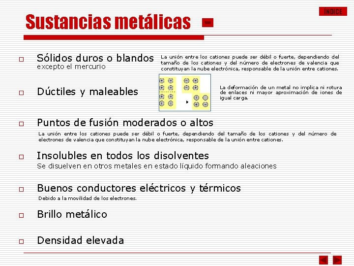 ÍNDICE Sustancias metálicas o Sólidos duros o blandos o Dúctiles y maleables o Puntos