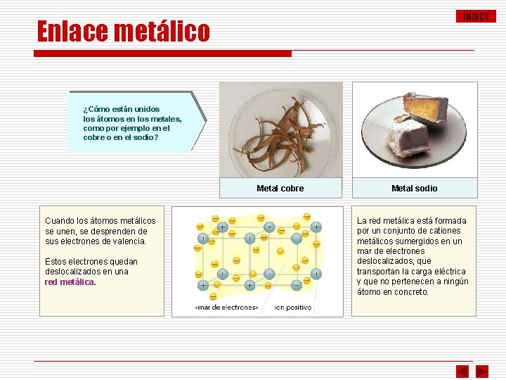 ÍNDICE Enlace metálico ¿Cómo están unidos los átomos en los metales, como por ejemplo