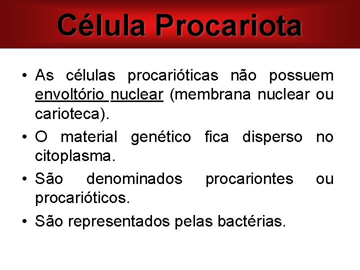 Célula Procariota • As células procarióticas não possuem envoltório nuclear (membrana nuclear ou carioteca).