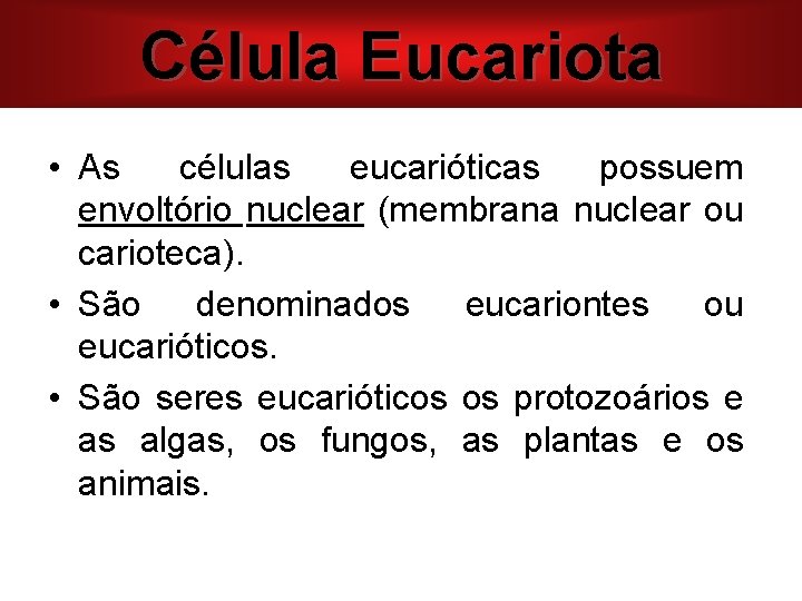 Célula Eucariota • As células eucarióticas possuem envoltório nuclear (membrana nuclear ou carioteca). •