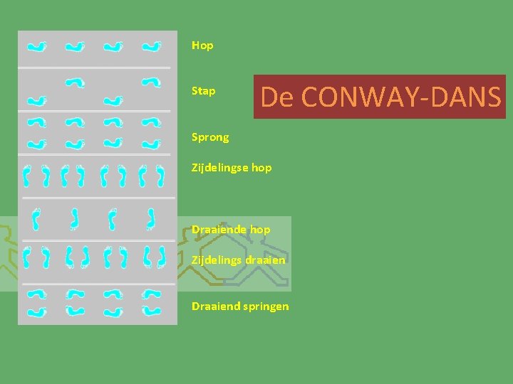 Hop Stap De CONWAY-DANS Sprong Zijdelingse hop Draaiende hop Zijdelings draaien Draaiend springen 