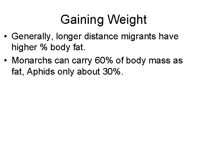 Gaining Weight • Generally, longer distance migrants have higher % body fat. • Monarchs
