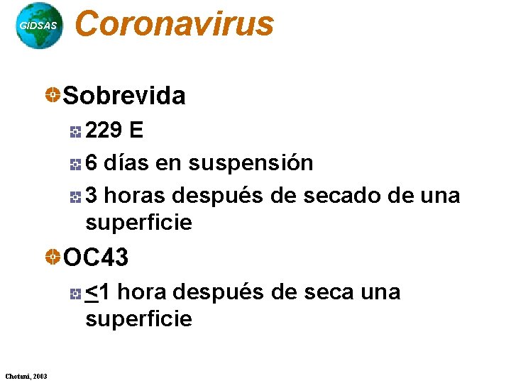 GIDSAS Coronavirus Sobrevida 229 E 6 días en suspensión 3 horas después de secado