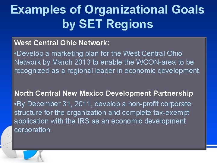 Examples of Organizational Goals by SET Regions West Central Ohio Network: • Develop a