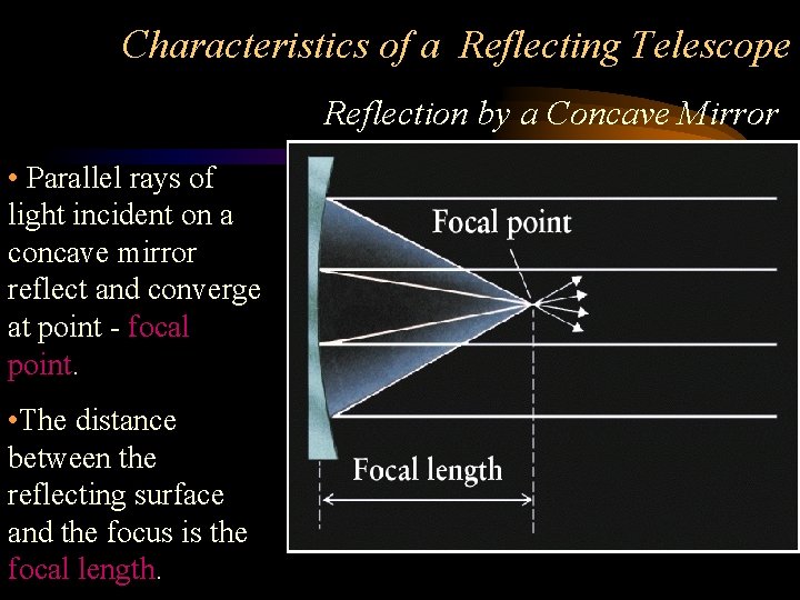 Characteristics of a Reflecting Telescope Reflection by a Concave Mirror • Parallel rays of