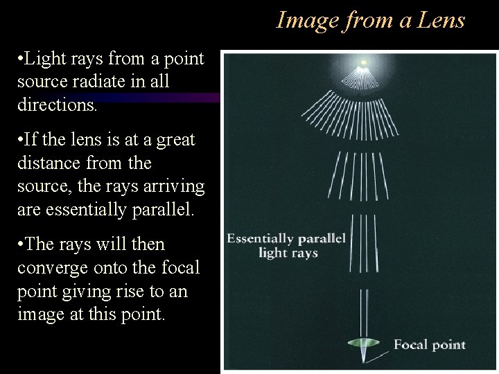 Image from a Lens • Light rays from a point source radiate in all