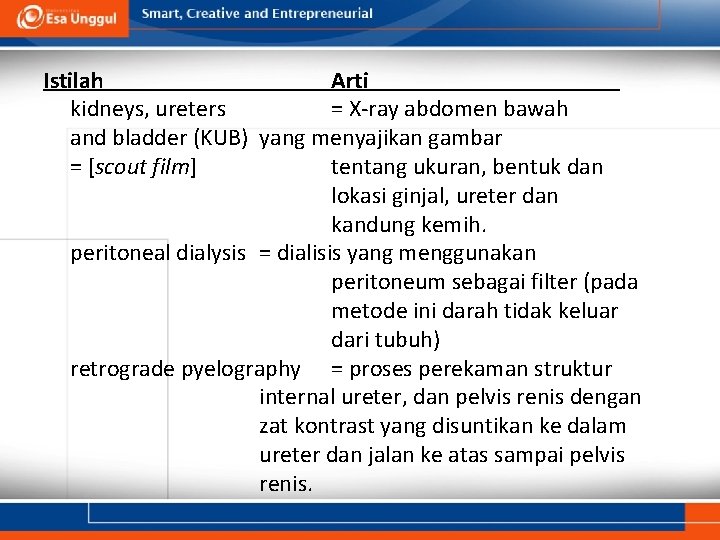 Istilah Arti kidneys, ureters = X-ray abdomen bawah and bladder (KUB) yang menyajikan gambar