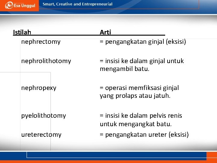 Istilah nephrectomy Arti = pengangkatan ginjal (eksisi) nephrolithotomy = insisi ke dalam ginjal untuk