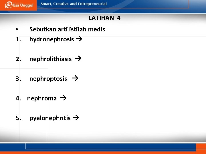 LATIHAN 4 • 1. Sebutkan arti istilah medis hydronephrosis 2. nephrolithiasis 3. nephroptosis 4.