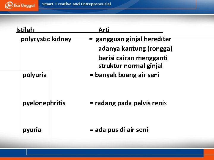 Istilah polycystic kidney polyuria Arti = gangguan ginjal herediter adanya kantung (rongga) berisi cairan