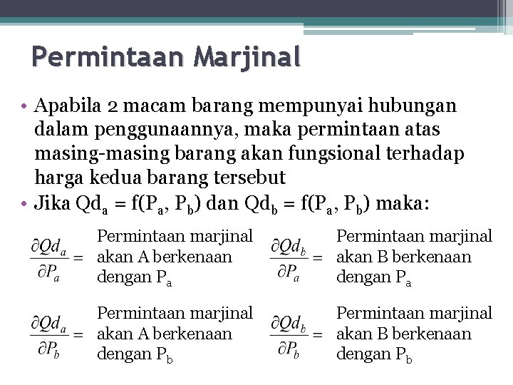 Permintaan Marjinal • Apabila 2 macam barang mempunyai hubungan dalam penggunaannya, maka permintaan atas Permintaan Marjinal • Apabila 2 macam barang mempunyai hubungan dalam penggunaannya, maka permintaan atas