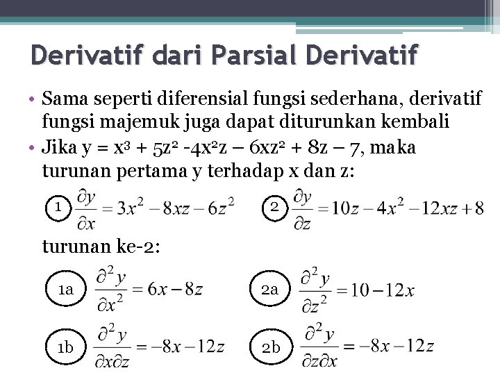 Derivatif dari Parsial Derivatif • Sama seperti diferensial fungsi sederhana, derivatif fungsi majemuk juga