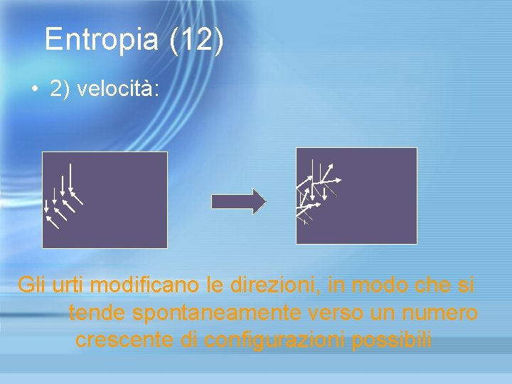 Entropia (12) • 2) velocità: Gli urti modificano le direzioni, in modo che si Entropia (12) • 2) velocità: Gli urti modificano le direzioni, in modo che si