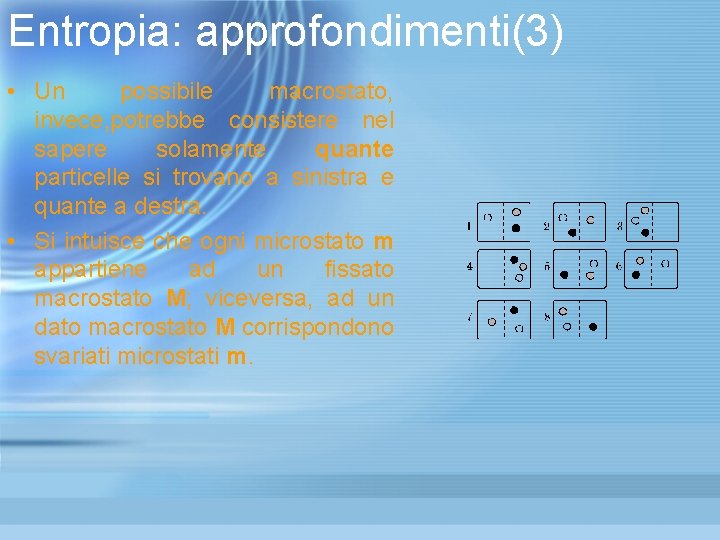 Entropia: approfondimenti(3) • Un possibile macrostato, invece, potrebbe consistere nel sapere solamente quante particelle Entropia: approfondimenti(3) • Un possibile macrostato, invece, potrebbe consistere nel sapere solamente quante particelle