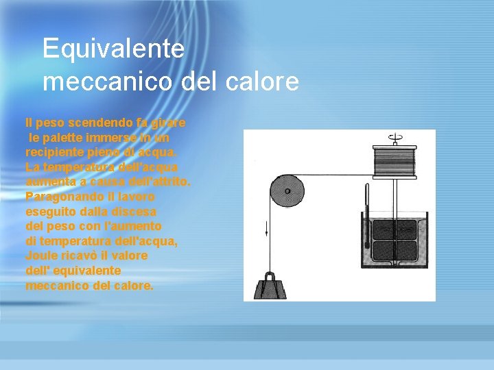 Equivalente meccanico del calore Il peso scendendo fa girare le palette immerse in un Equivalente meccanico del calore Il peso scendendo fa girare le palette immerse in un
