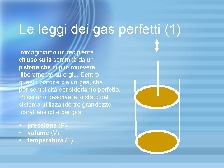 Le leggi dei gas perfetti (1) Immaginiamo un recipiente chiuso sulla sommità da un Le leggi dei gas perfetti (1) Immaginiamo un recipiente chiuso sulla sommità da un