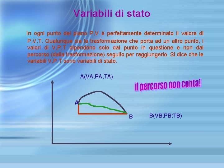 Variabili di stato In ogni punto del piano P, V è perfettamente determinato il Variabili di stato In ogni punto del piano P, V è perfettamente determinato il