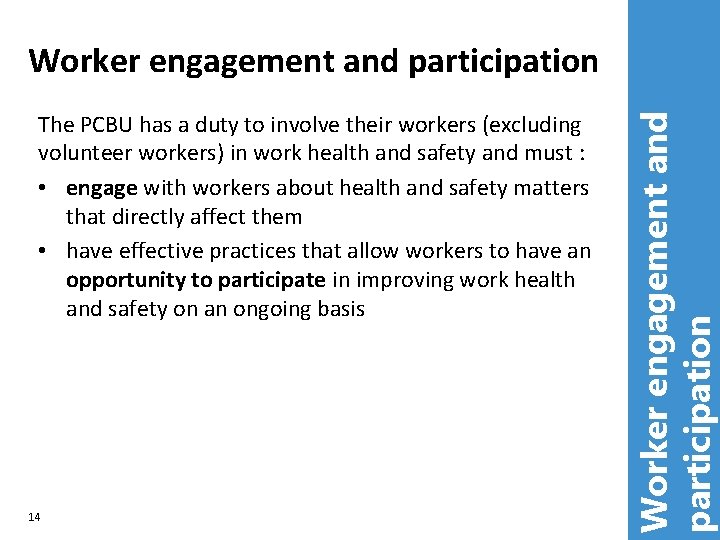 The PCBU has a duty to involve their workers (excluding volunteer workers) in work