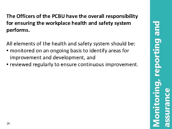 All elements of the health and safety system should be: • monitored on an