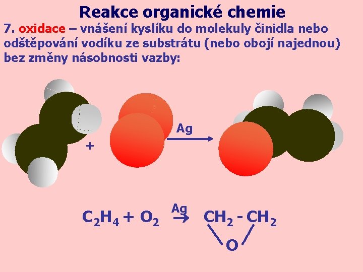 Reakce organické chemie 7. oxidace – vnášení kyslíku do molekuly činidla nebo odštěpování vodíku