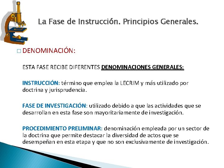 La Fase de Instrucción. Principios Generales. � DENOMINACIÓN: ESTA FASE RECIBE DIFERENTES DENOMINACIONES GENERALES: La Fase de Instrucción. Principios Generales. � DENOMINACIÓN: ESTA FASE RECIBE DIFERENTES DENOMINACIONES GENERALES: