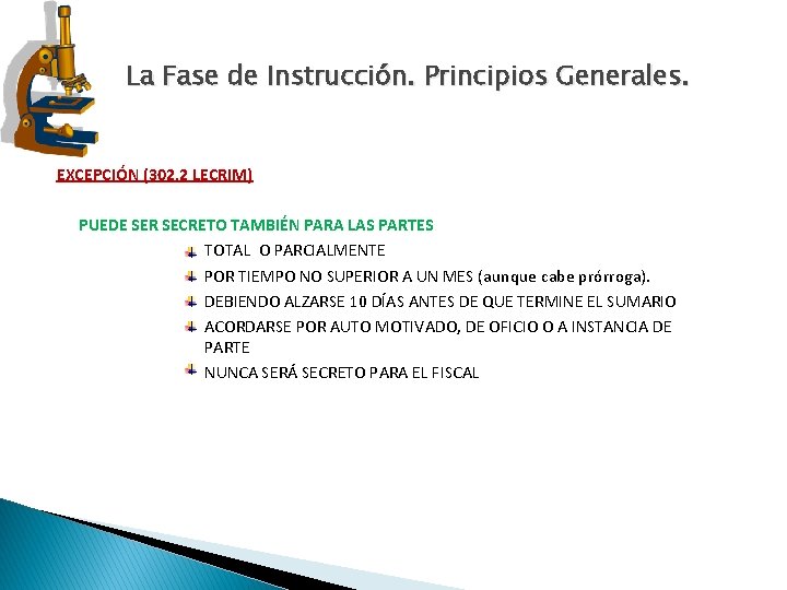 La Fase de Instrucción. Principios Generales. EXCEPCIÓN (302. 2 LECRIM) PUEDE SER SECRETO TAMBIÉN La Fase de Instrucción. Principios Generales. EXCEPCIÓN (302. 2 LECRIM) PUEDE SER SECRETO TAMBIÉN
