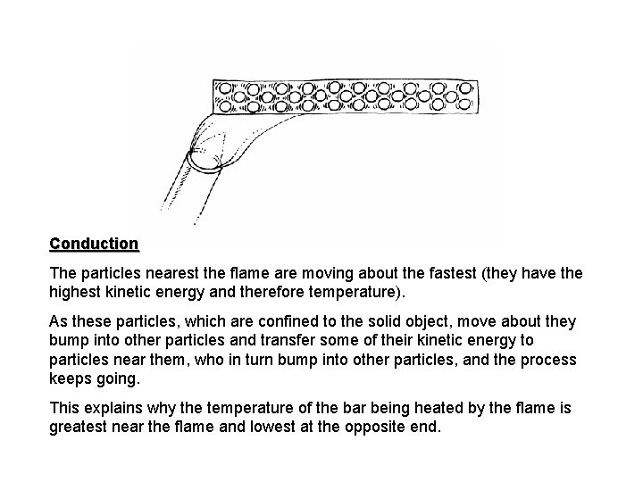 Conduction The particles nearest the flame are moving about the fastest (they have the