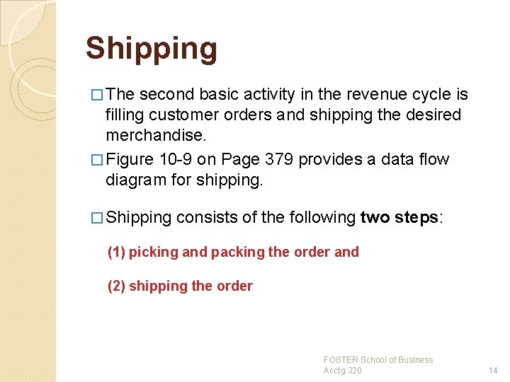 Shipping � The second basic activity in the revenue cycle is filling customer orders